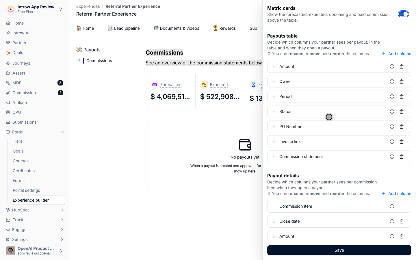 The Configure panel on the Commission section: the Payouts table list with seven columns, and the Payout details list with Commission item first.