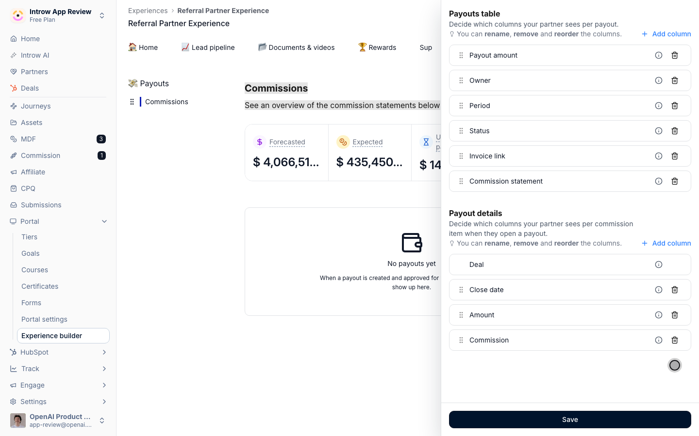 The Payout details list with Commission item renamed to Deal and the Plan column removed, leaving Close date, Amount and Commission.