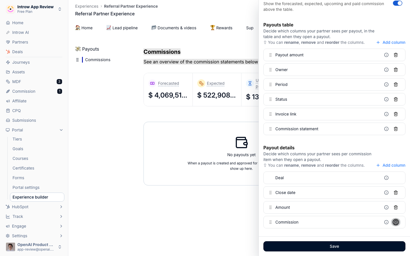 The Payout details list with Commission item renamed to Deal and the Plan column removed, leaving Close date, Amount and Commission.