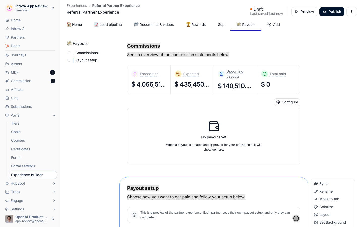 The Payout setup section added under the Commission section in the builder, with the note that it is a preview of the partner experience and that each partner sees their own payout setup.