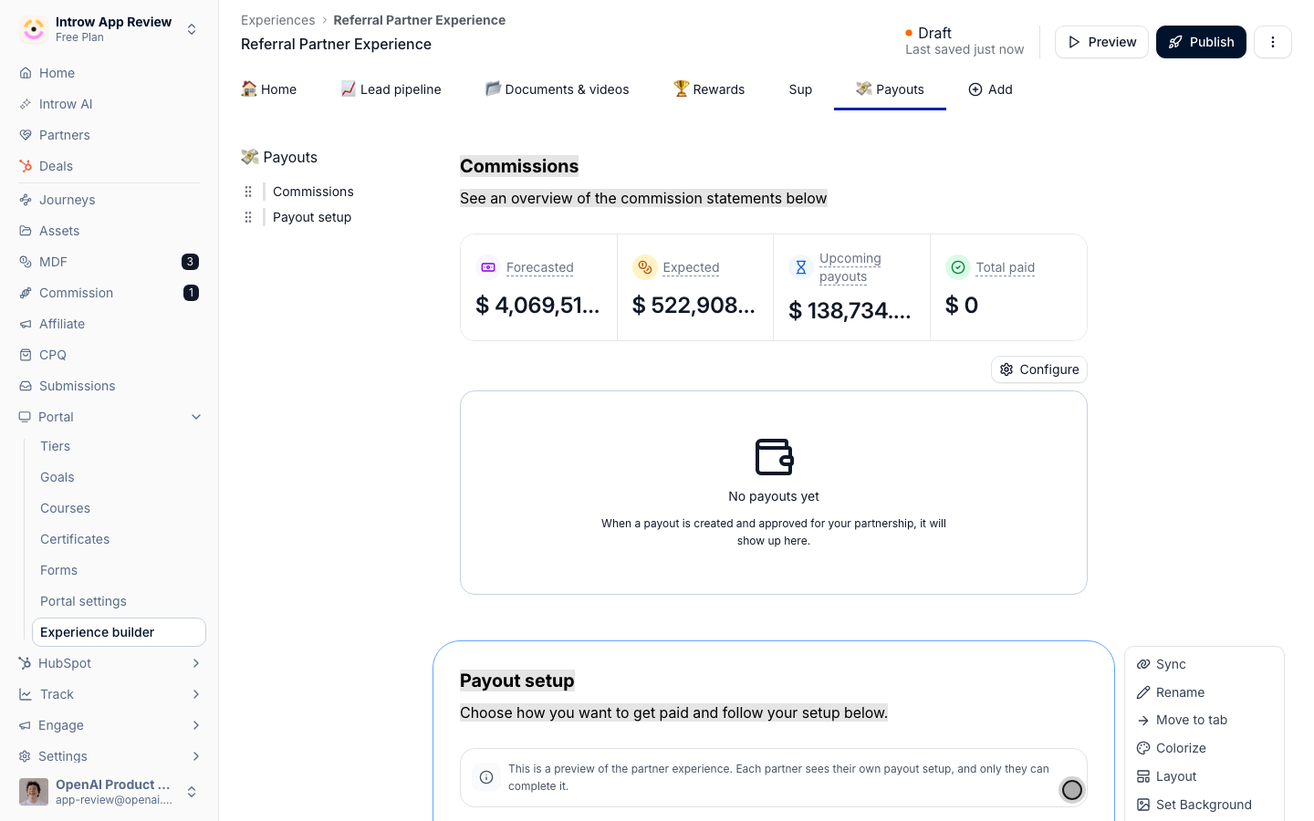 The Payout setup section added under the Commission section in the builder, with the note that it is a preview of the partner experience and that each partner sees their own payout setup.