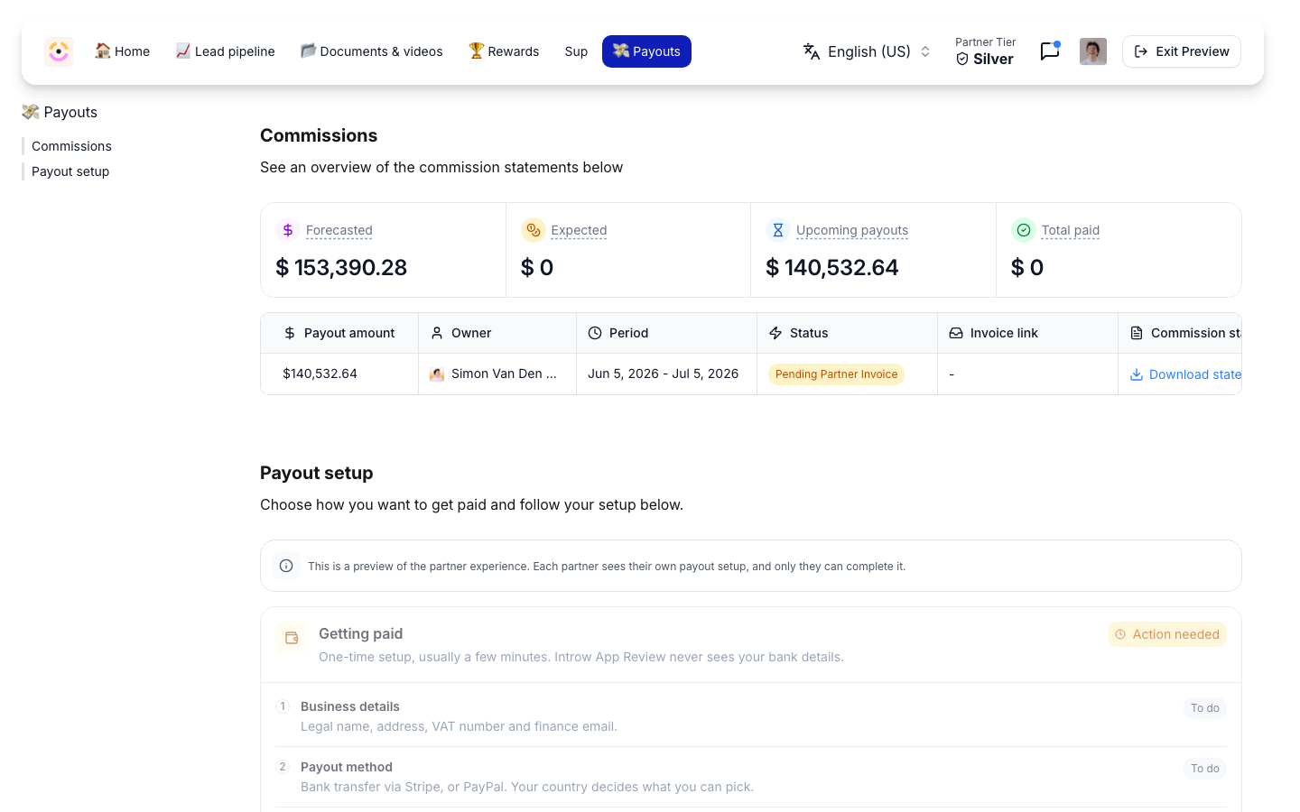 The partner's portal preview: the Commissions totals over a payouts table reading Payout amount, Owner, Period, Status, Invoice link and Commission statement with a Download statement link, and the Payout setup preview under it.