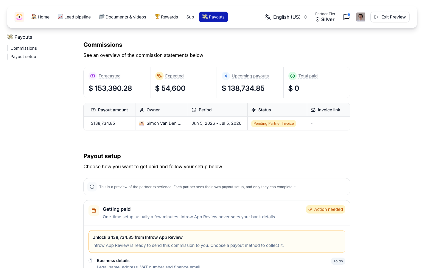 The partner's portal preview: the Commissions totals over a payouts table reading Payout amount, Owner, Period, Status, Invoice link and Commission statement with a Download statement link, and the Payout setup preview under it.