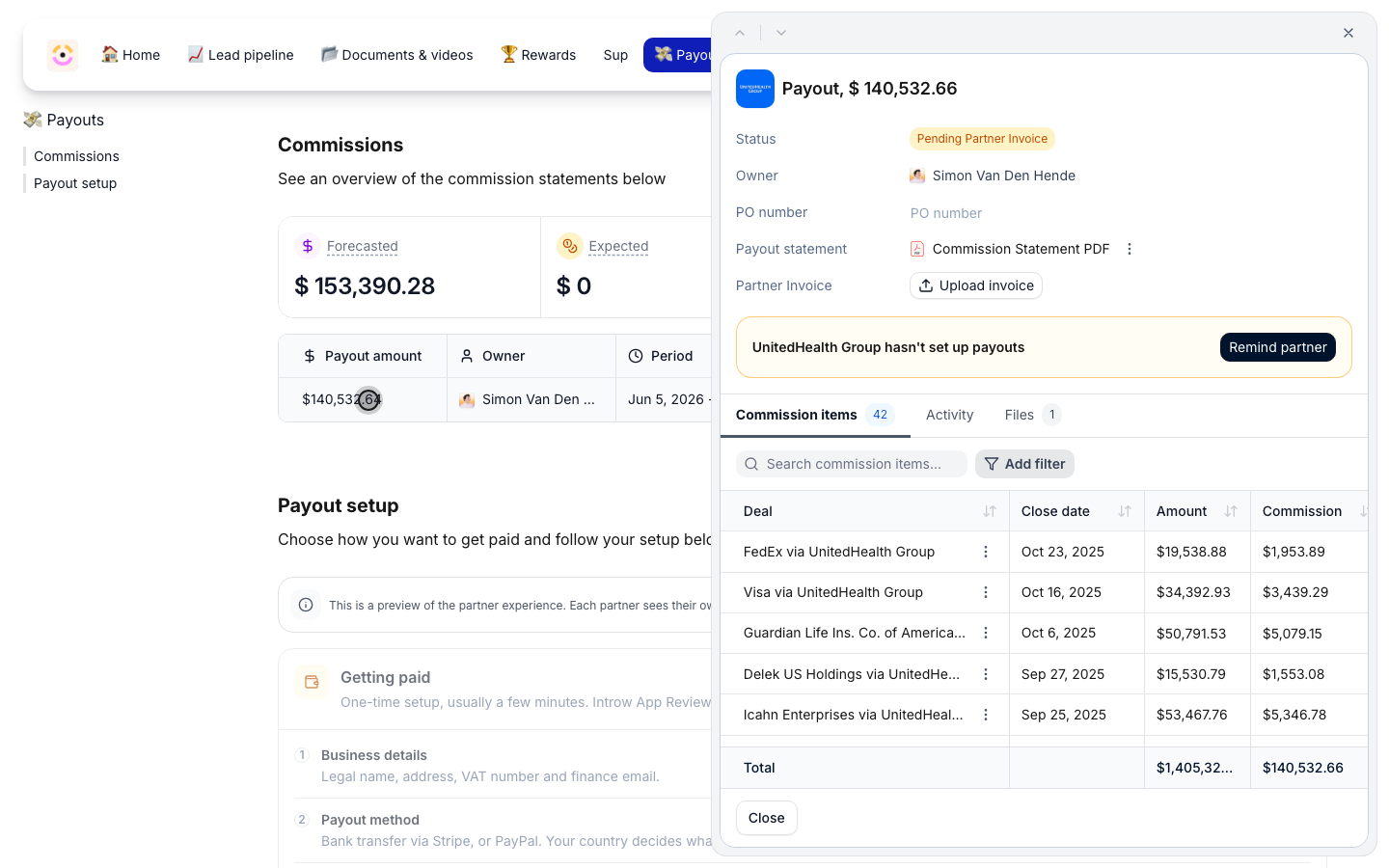 A payout opened from the partner's table, listing its commission items under Deal, Close date, Amount and Commission, with the total at the bottom.