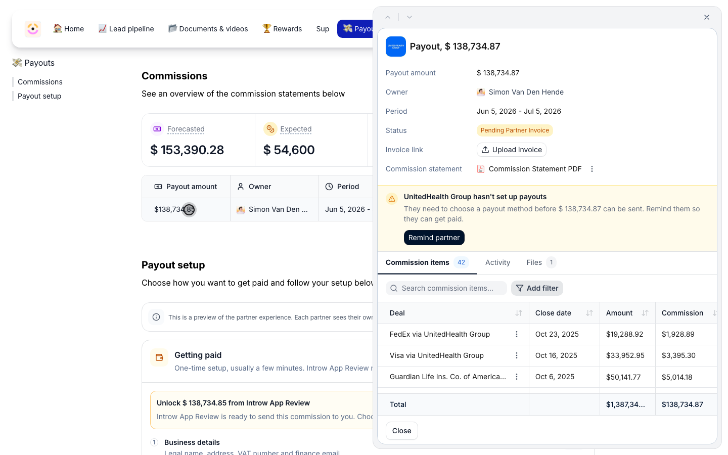 A payout opened from the partner's table, listing its commission items under Deal, Close date, Amount and Commission, with the total at the bottom.