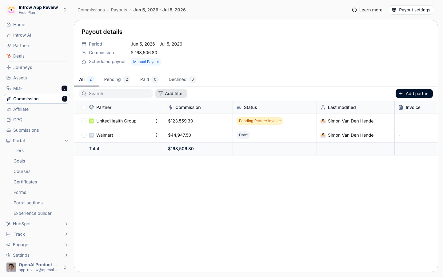 A payout open with its per-partner lines, total and Invoice column - the record an invoice is requested against so the partner uploads a document matching the amount owed.