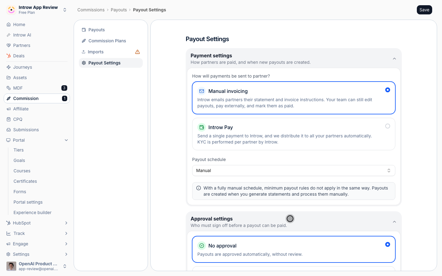 The Approval settings card on Payout Settings: who must sign off before a payout can be paid.