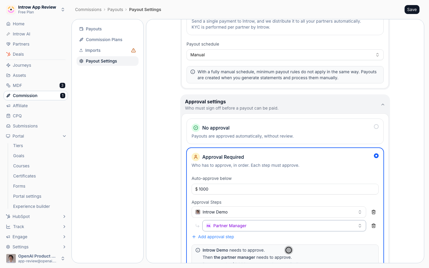 Two approval steps, Introw Demo then the Partner Manager, with the rule read back in plain words under them.