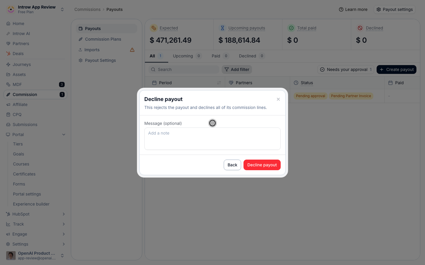 Declining asks for an optional message before it rejects the payout and all of its lines.