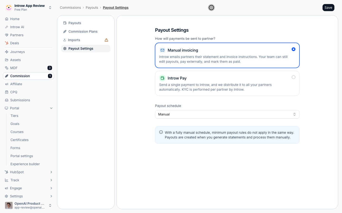 Payout settings decide who moves the money: manual invoicing, or Introw Pay, and when.
