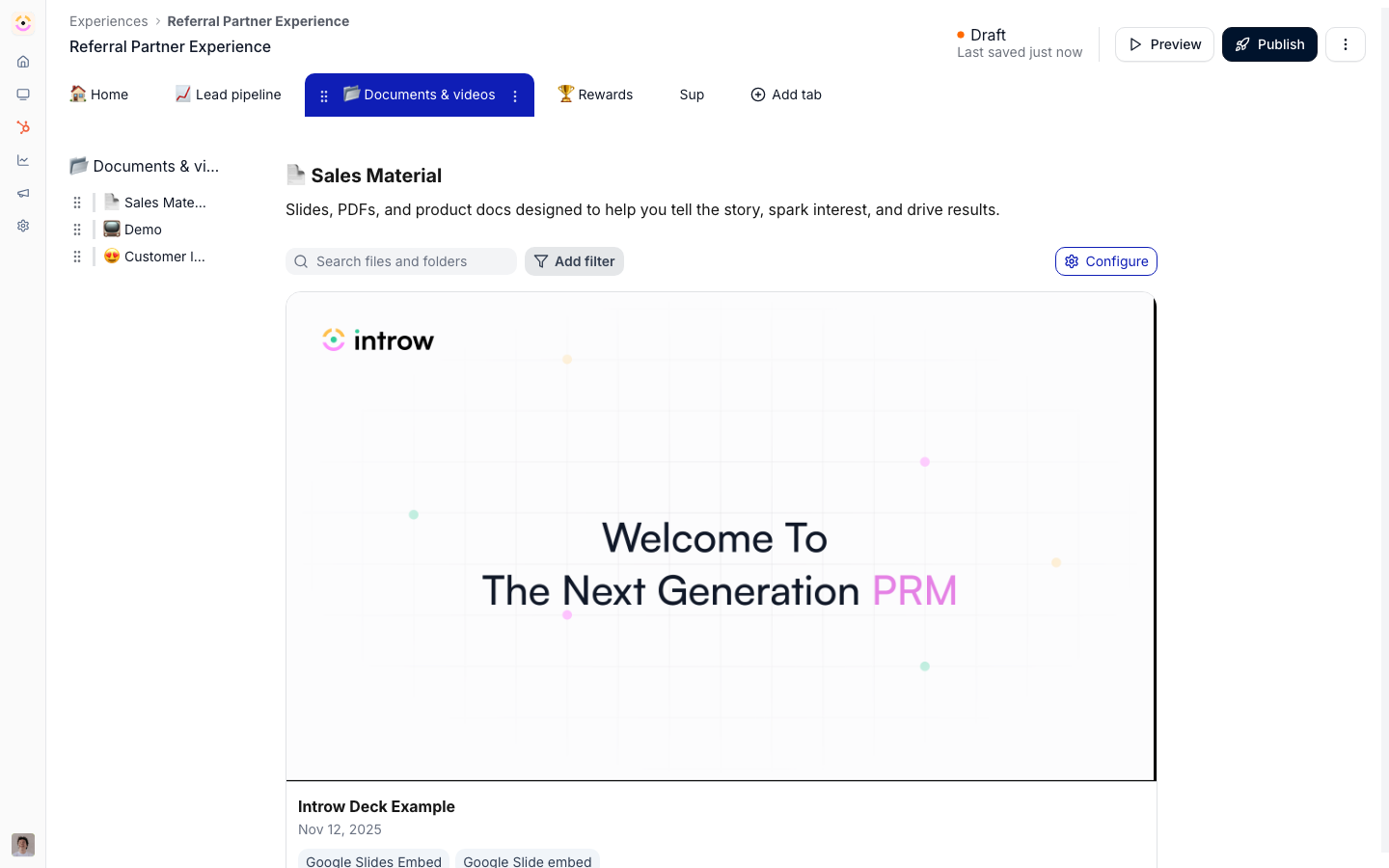 The Documents & videos tab of a portal experience, the asset hub partners browse, configured in the experience builder.