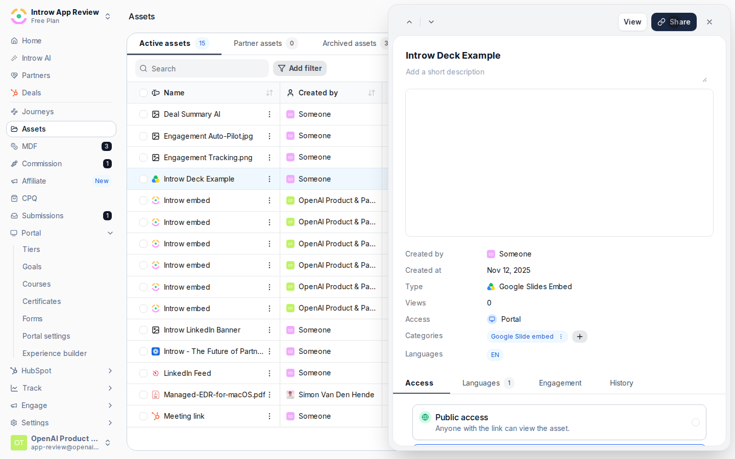 Open the share dialog and set access