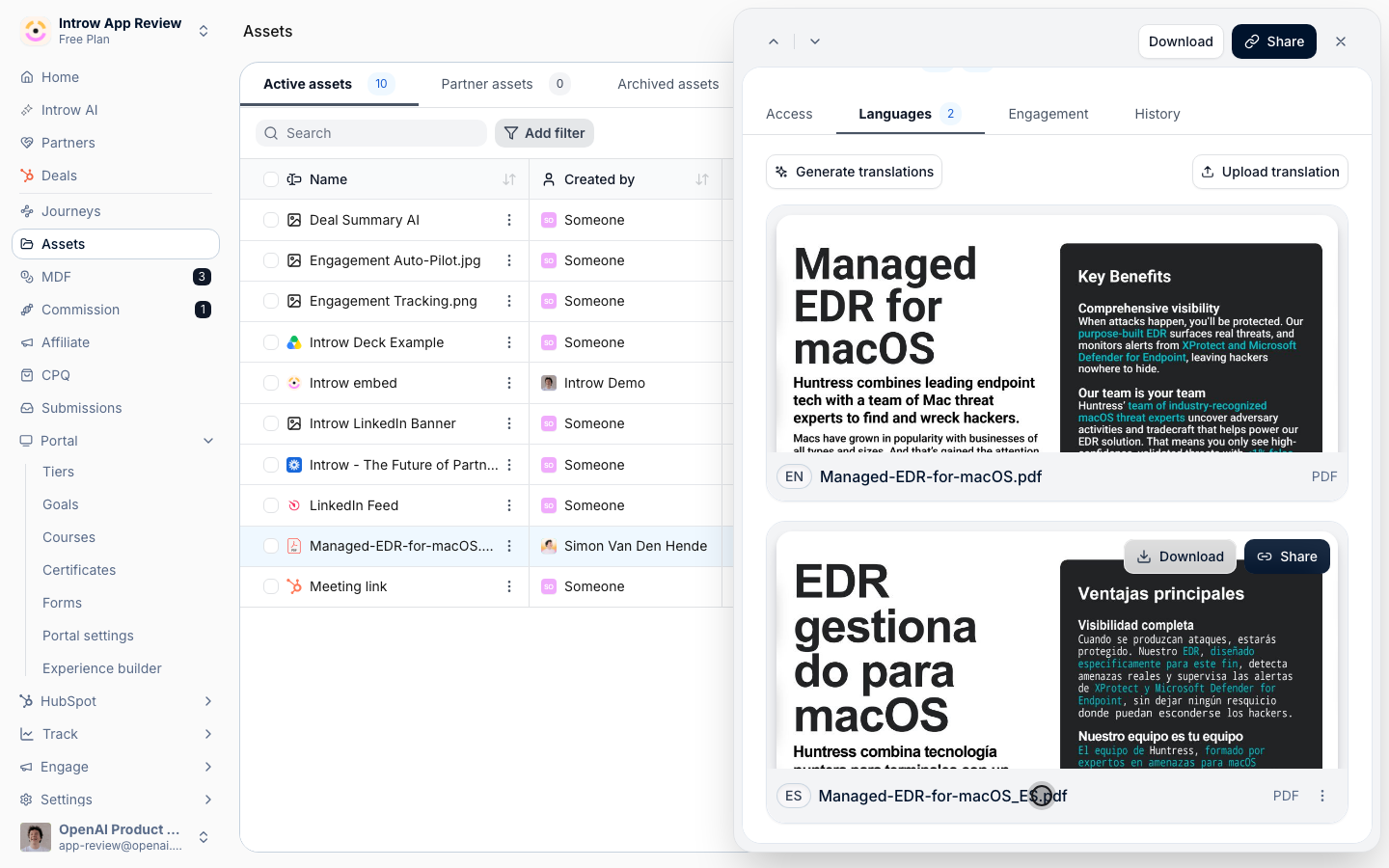 Open each variant and check it before partners rely on it. Upload translation adds your own version instead.