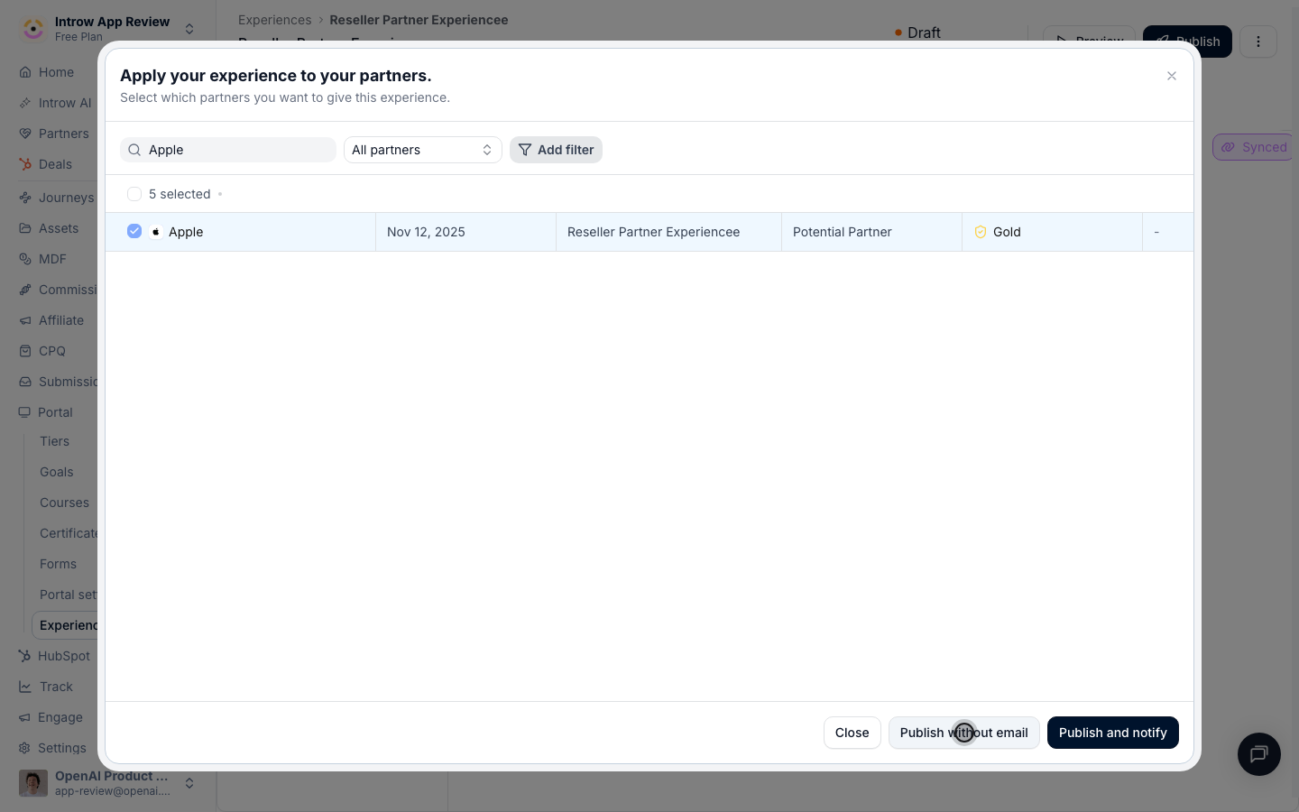 Publish so the partner's live portal updates (no email sent).