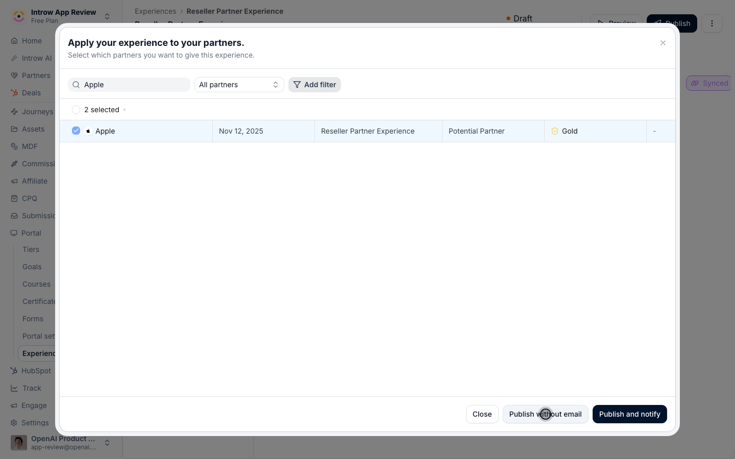 Publish so the partner's live portal updates (no email sent).