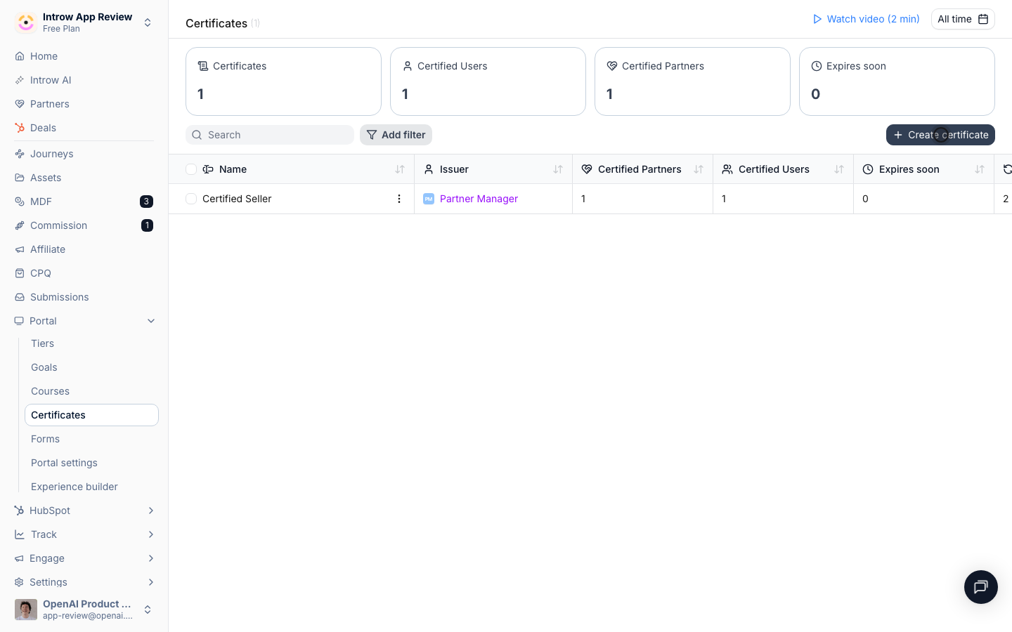 Select Create certificate to start a reusable template.