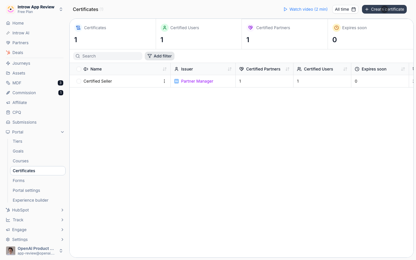 Select Create certificate to start a reusable template.