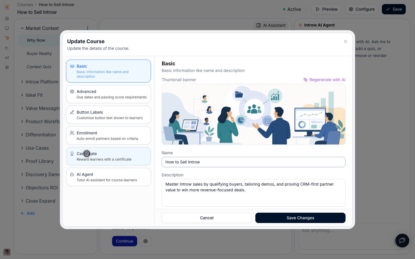 The Certificate tab controls the course's completion certificate.