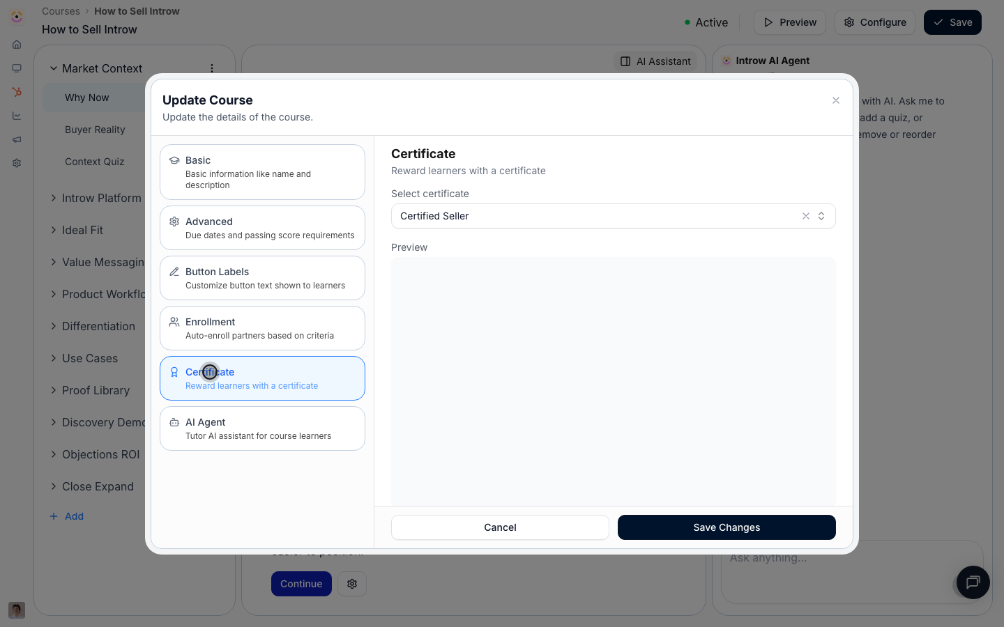 Let AI design a certificate matched to the course, or attach an existing one.