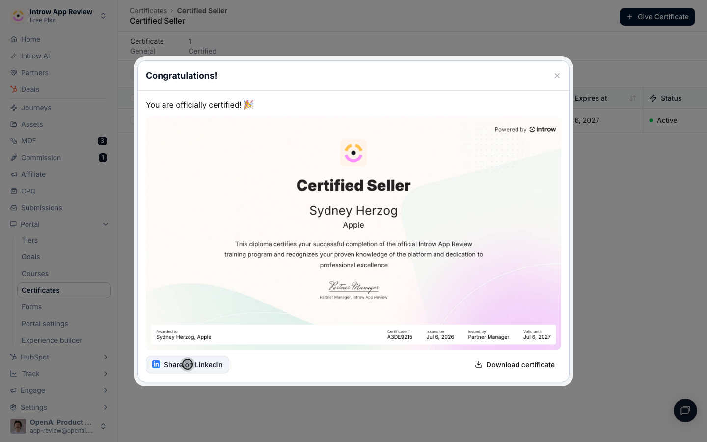 Share on LinkedIn adds the credential to the partner's profile, prefilled and linked back to the verifiable page; Download certificate saves it as an image for a normal post.