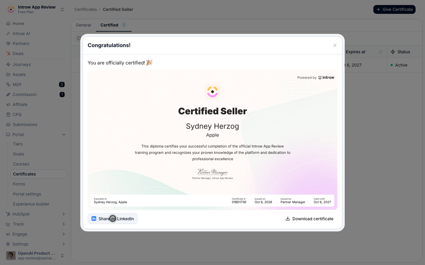 Share on LinkedIn adds the credential to the partner's profile, prefilled and linked back to the verifiable page; Download certificate saves it as an image for a normal post.