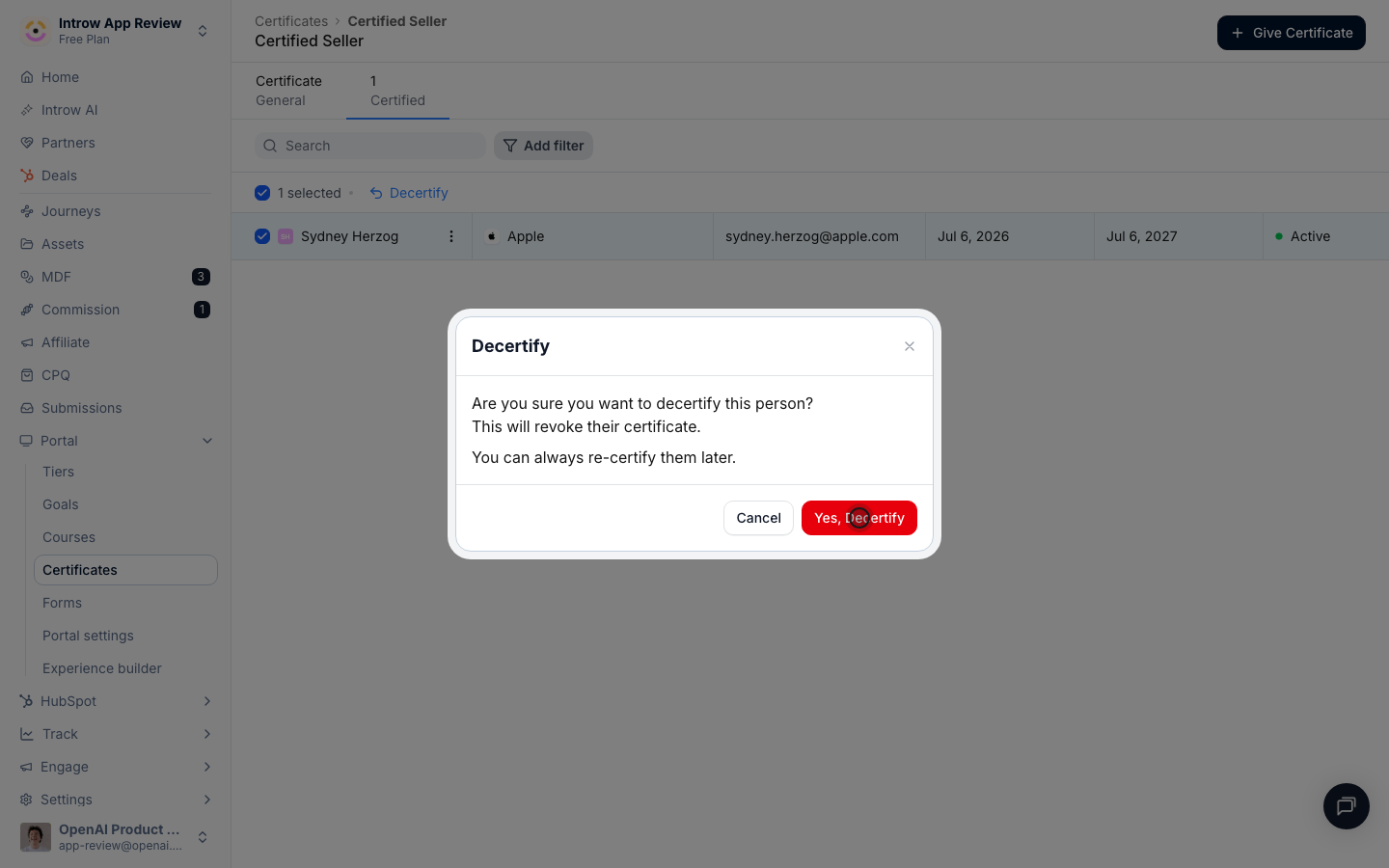Confirming pulls their certificate immediately and syncs the change to your CRM.