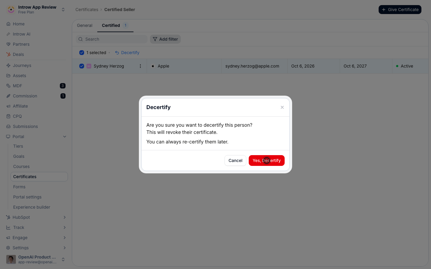 Confirming pulls their certificate immediately and syncs the change to your CRM.