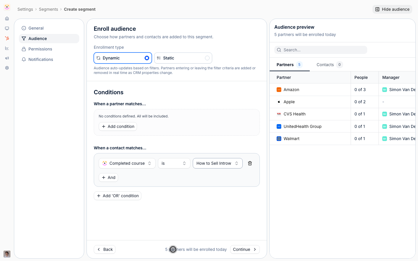A dynamic segment with the condition Completed course is a course, and the audience preview showing who matches.