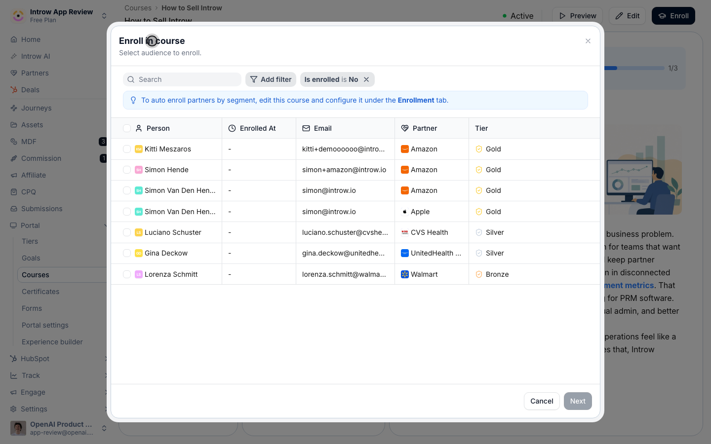Finish with Enroll and notify, or Enroll without email: enrolled partners then appear in the tracking view and a Draft course flips to Active.
