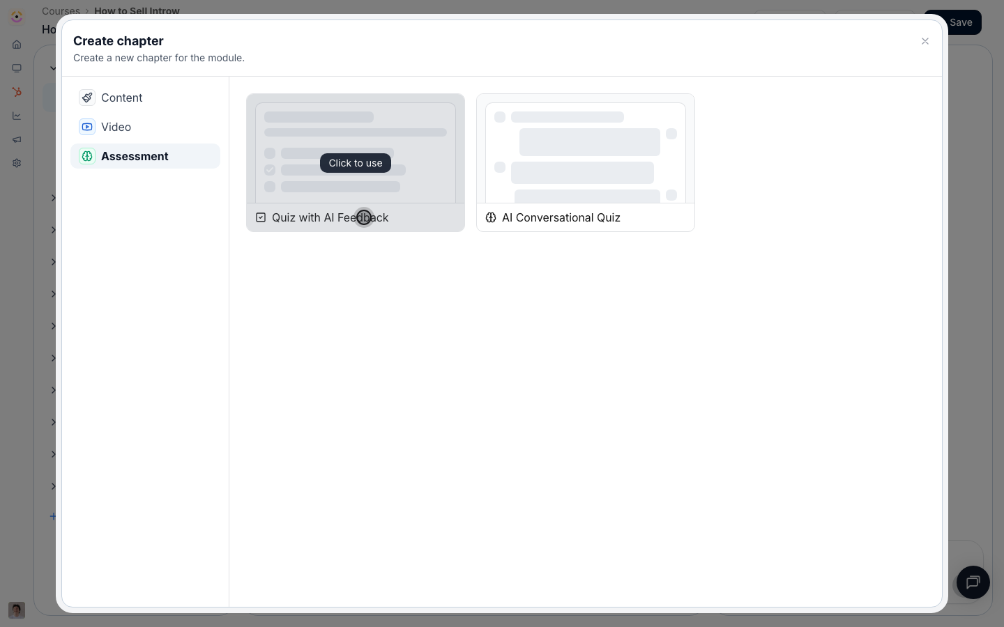 Add multiple-choice, open-ended (AI-graded), or upload questions, then set a passing score to gate completion.