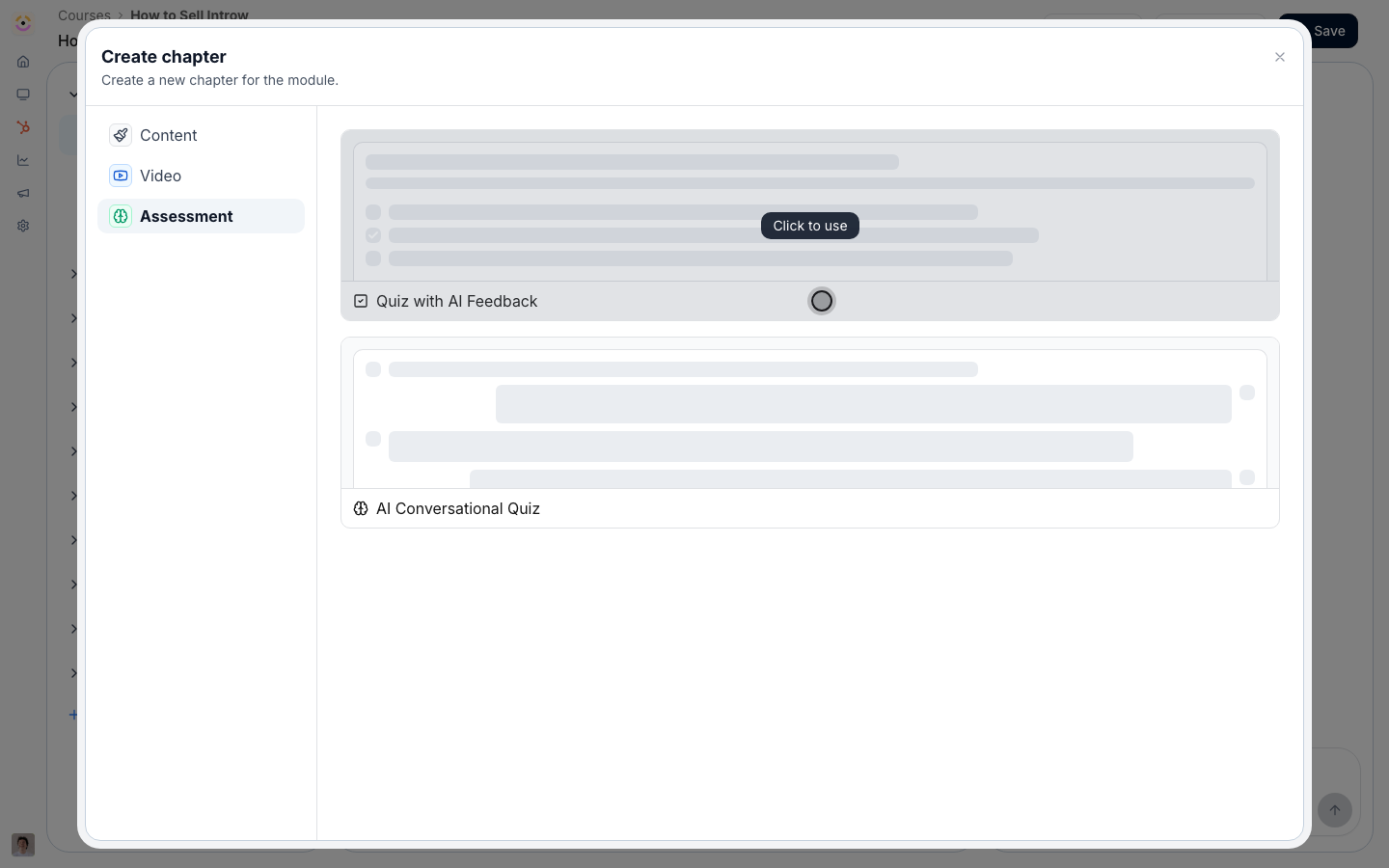 Add multiple-choice, open-ended (AI-graded), or upload questions, then set a passing score to gate completion.