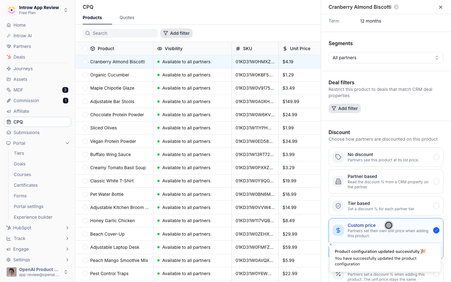 Custom price lets the partner set the unit price themselves, and it saves to the product immediately.
