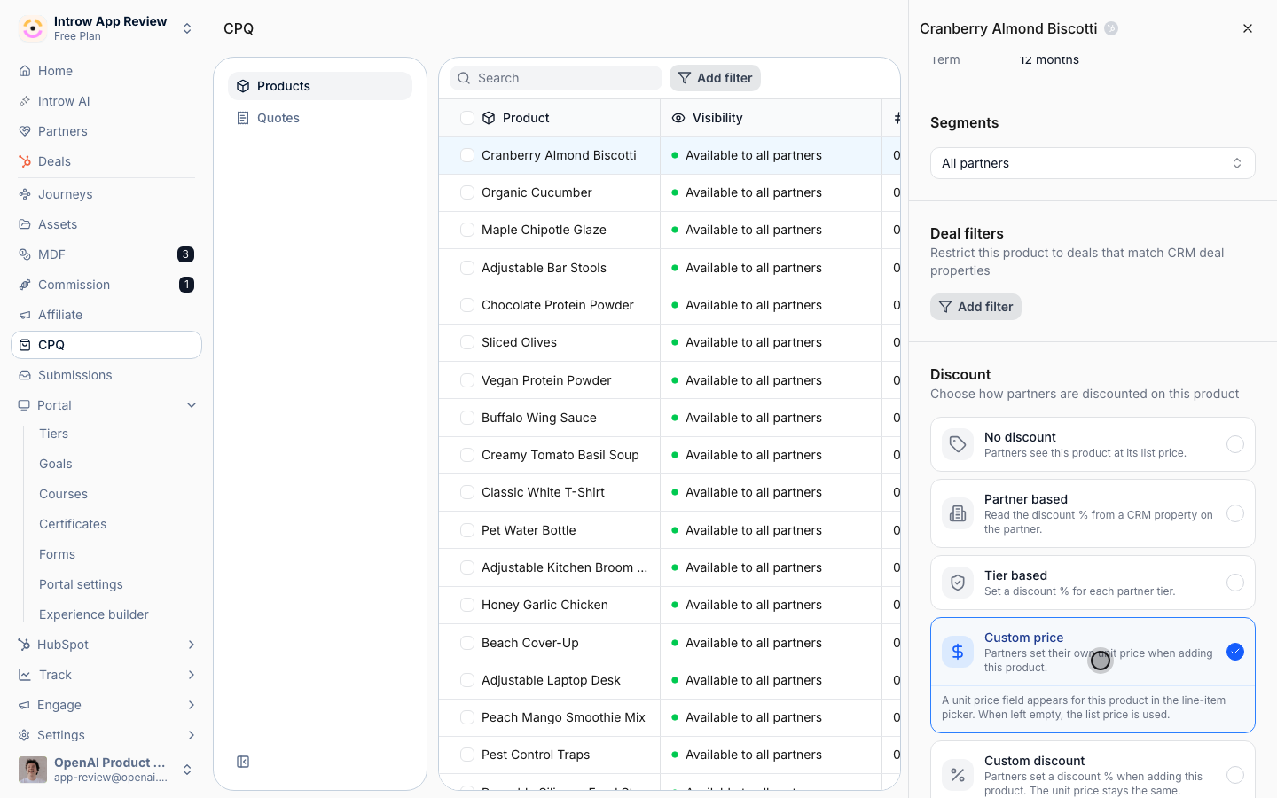 The product now allows custom pricing, applied across quotes for partners.