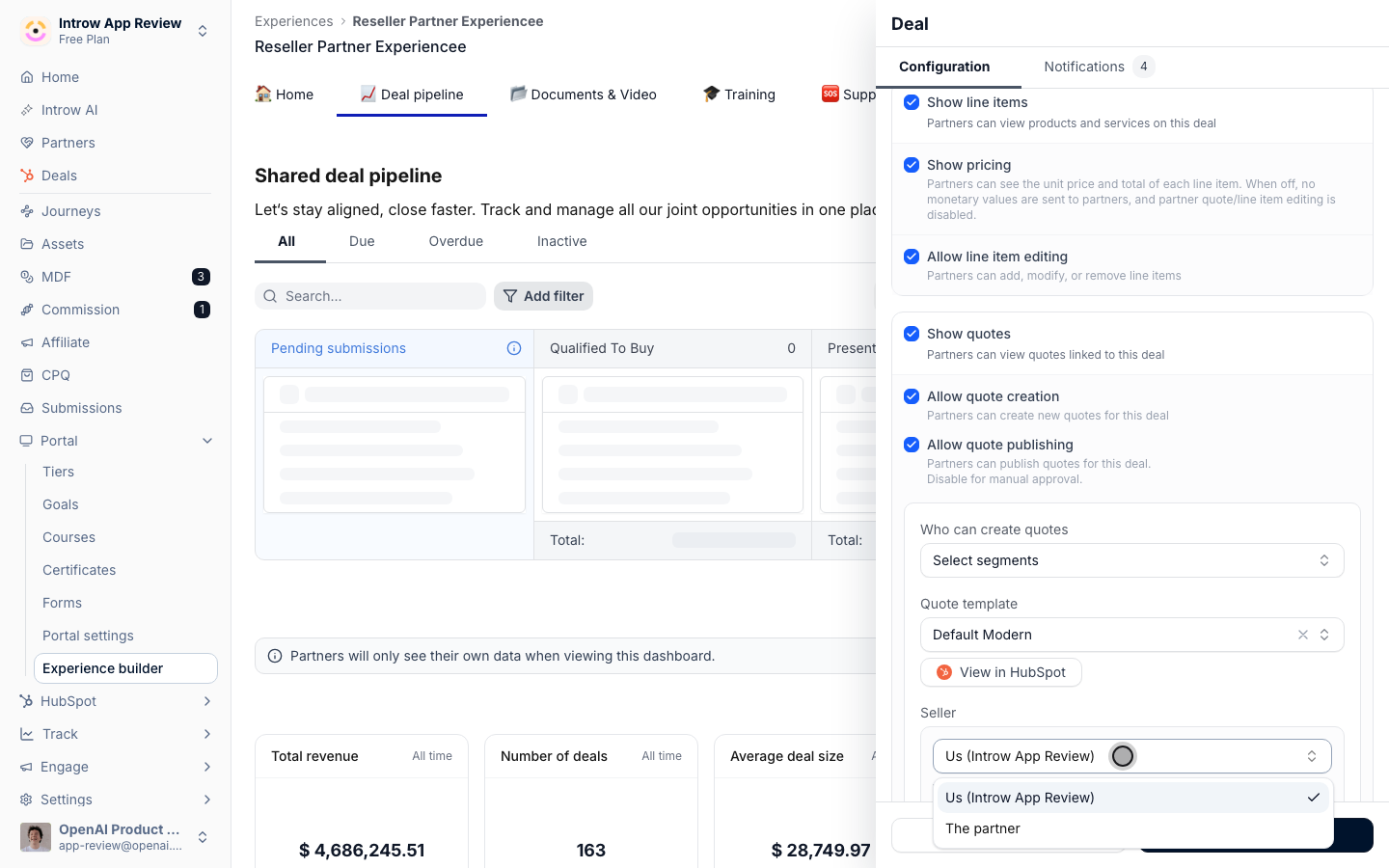 Seller decides whose company details head the quote: yours by default, or the partner's when the reseller owns the customer relationship.