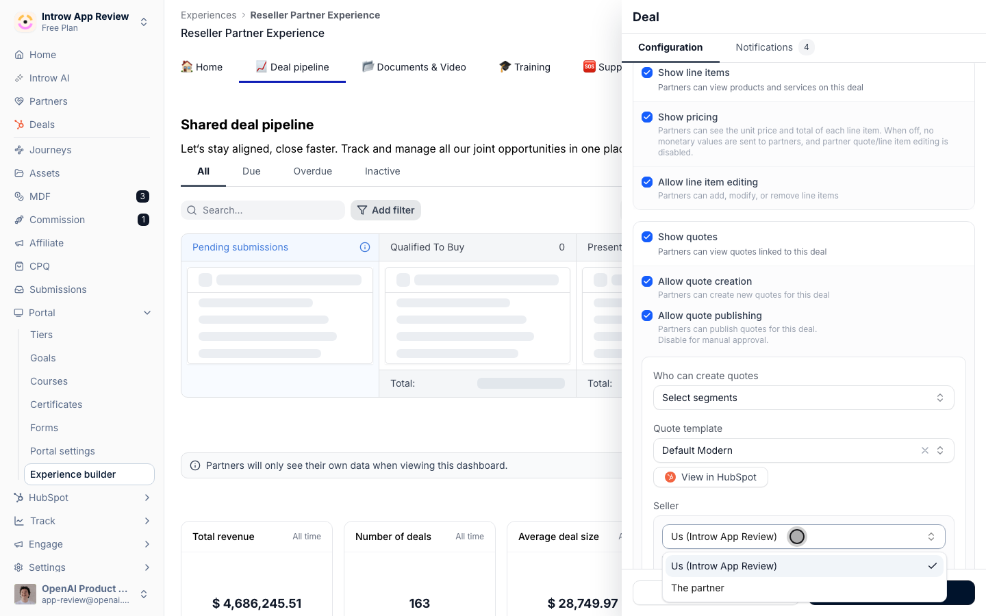 Seller decides whose company details head the quote: yours by default, or the partner's when the reseller owns the customer relationship.
