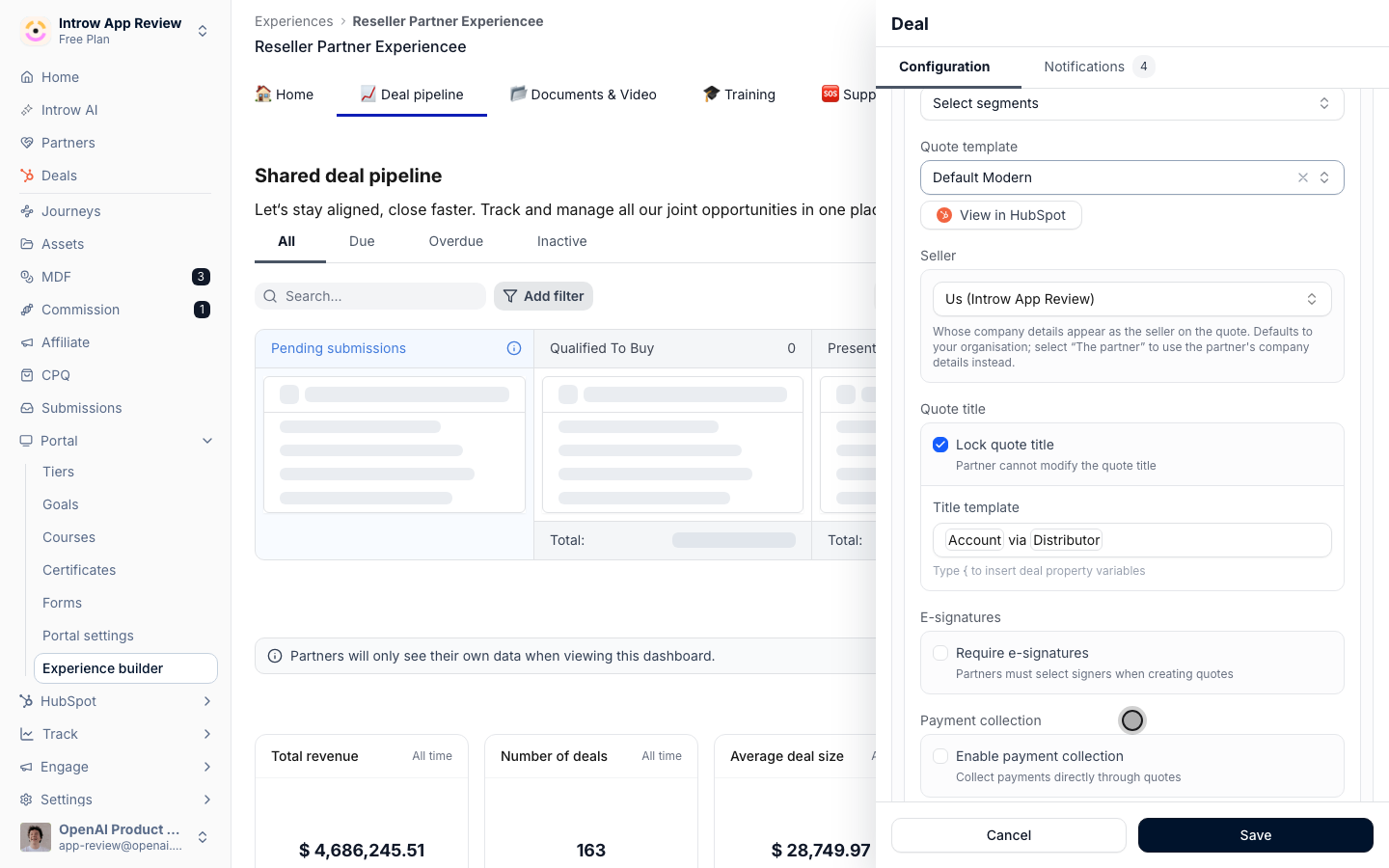 Payment collection lets the customer pay from the quote itself, through HubSpot Payments or Stripe, by card or ACH.