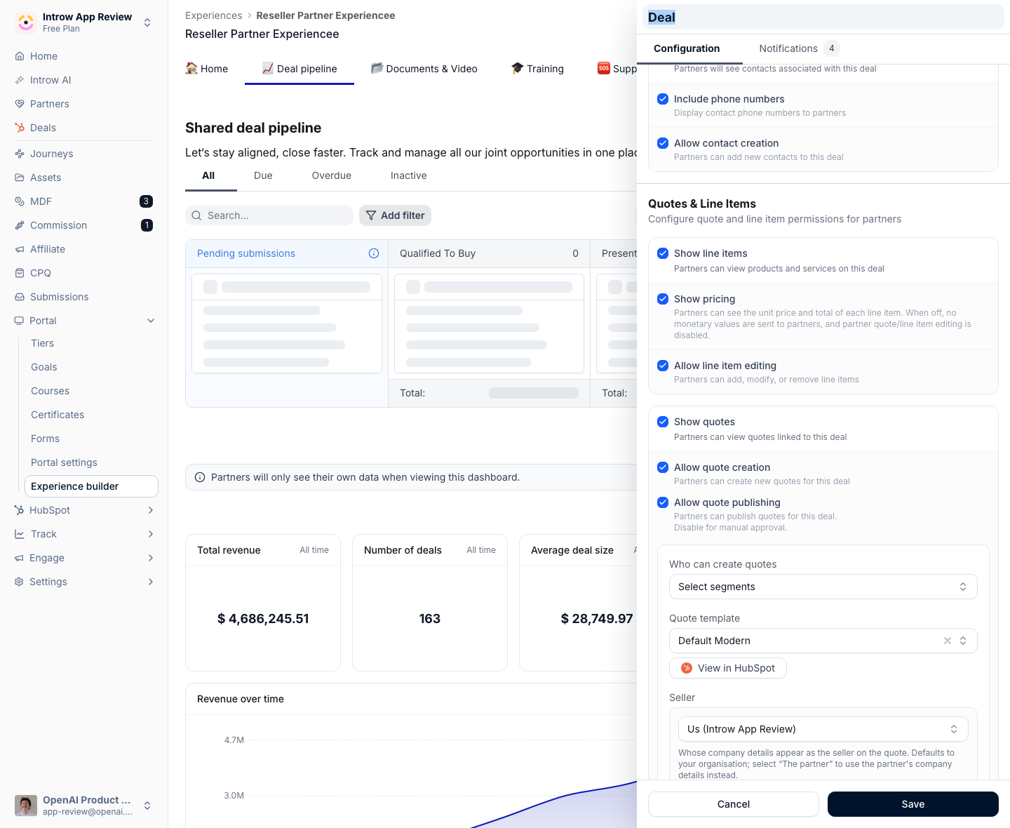 The Quotes & Line Items controls on a deal embed: whether partners see line items and pricing, may edit them, and may create and publish quotes, plus which segments may quote, the HubSpot template used and whose company heads the quote.