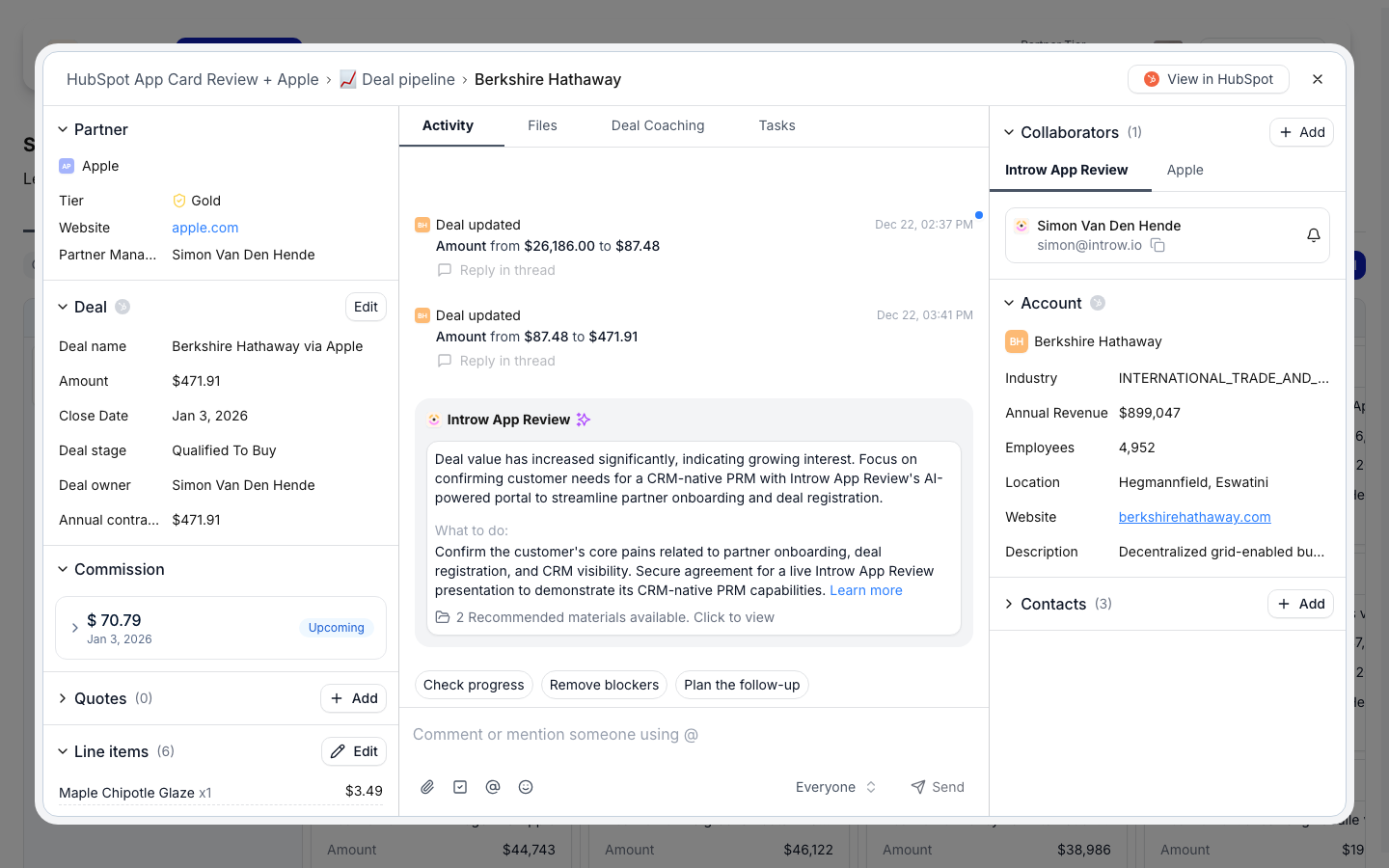 A shared deal as the reseller sees it in their portal, with the deal's properties, the commission they earn on it, and the quotes and line items sections they can open and edit.