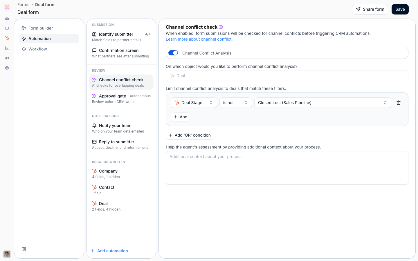 The Channel Conflict Analysis automation on a deal registration form, cross-referencing the CRM for an existing opportunity before a registration is accepted.