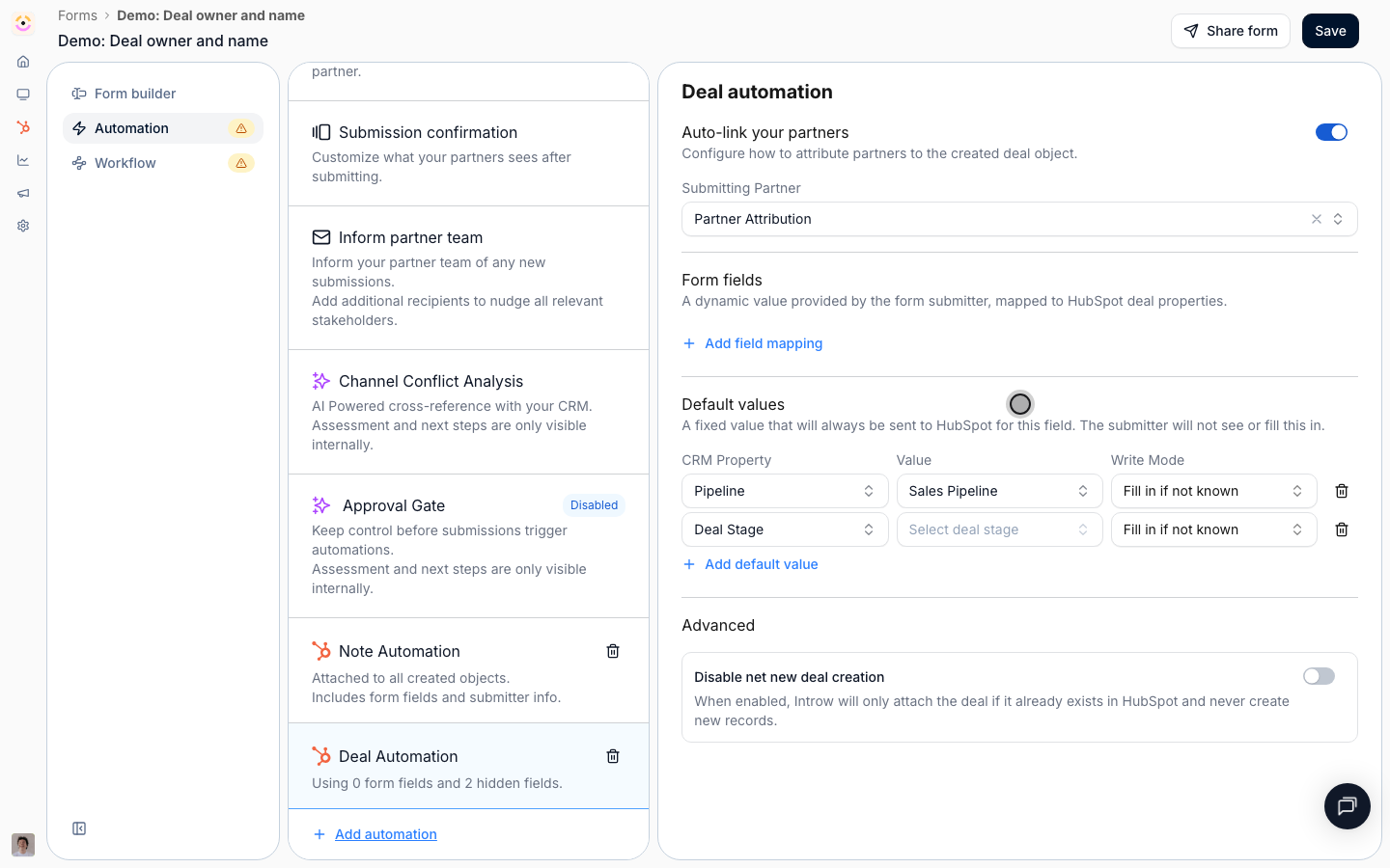 Set the deal owner and name in Default values