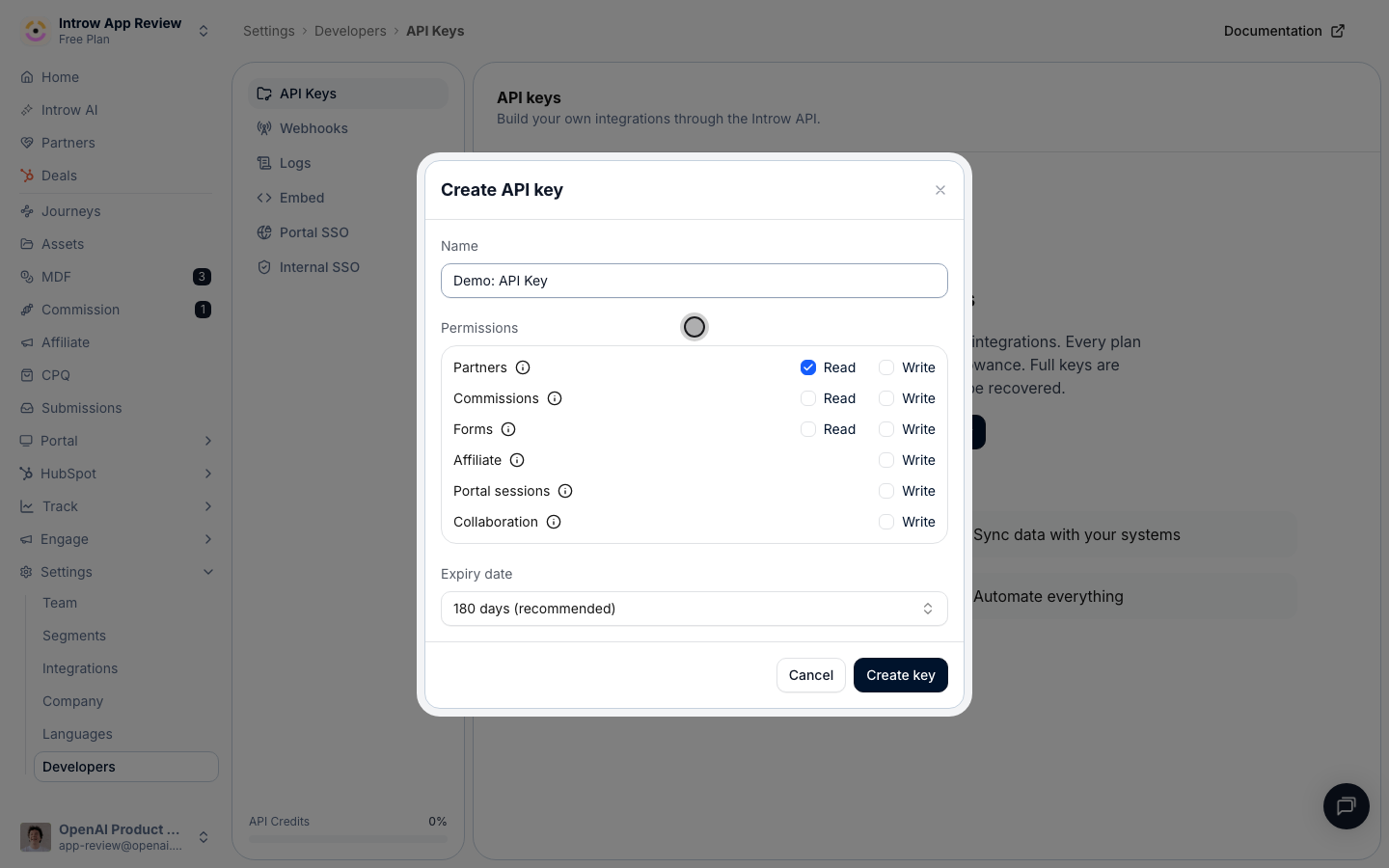 Scope the key to just the areas the integration touches (Partners, Commissions, Affiliate, Portal sessions), read or write.