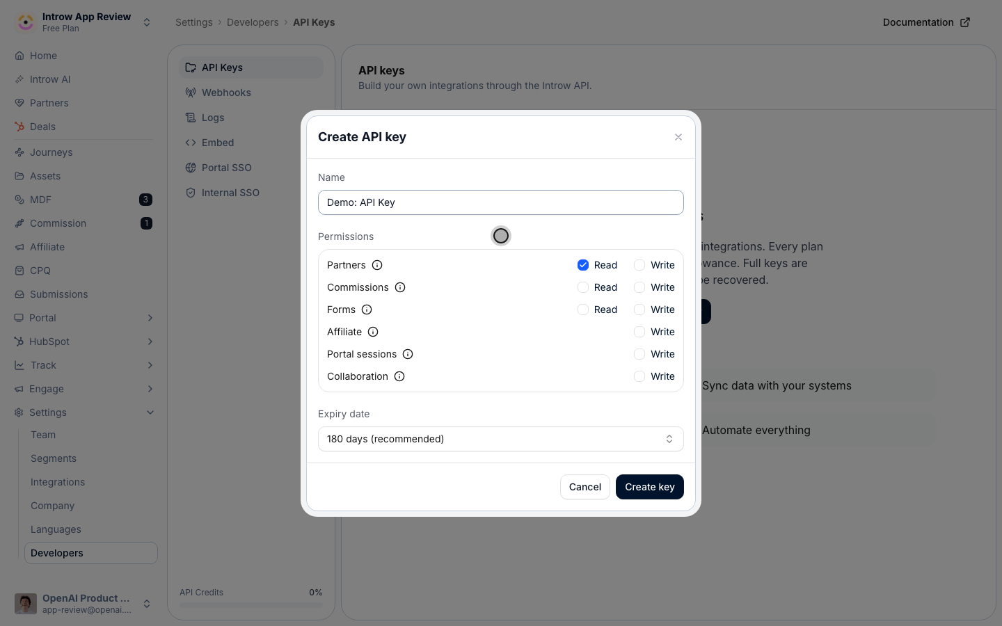 Scope the key to just the areas the integration touches (Partners, Commissions, Affiliate, Portal sessions), read or write.