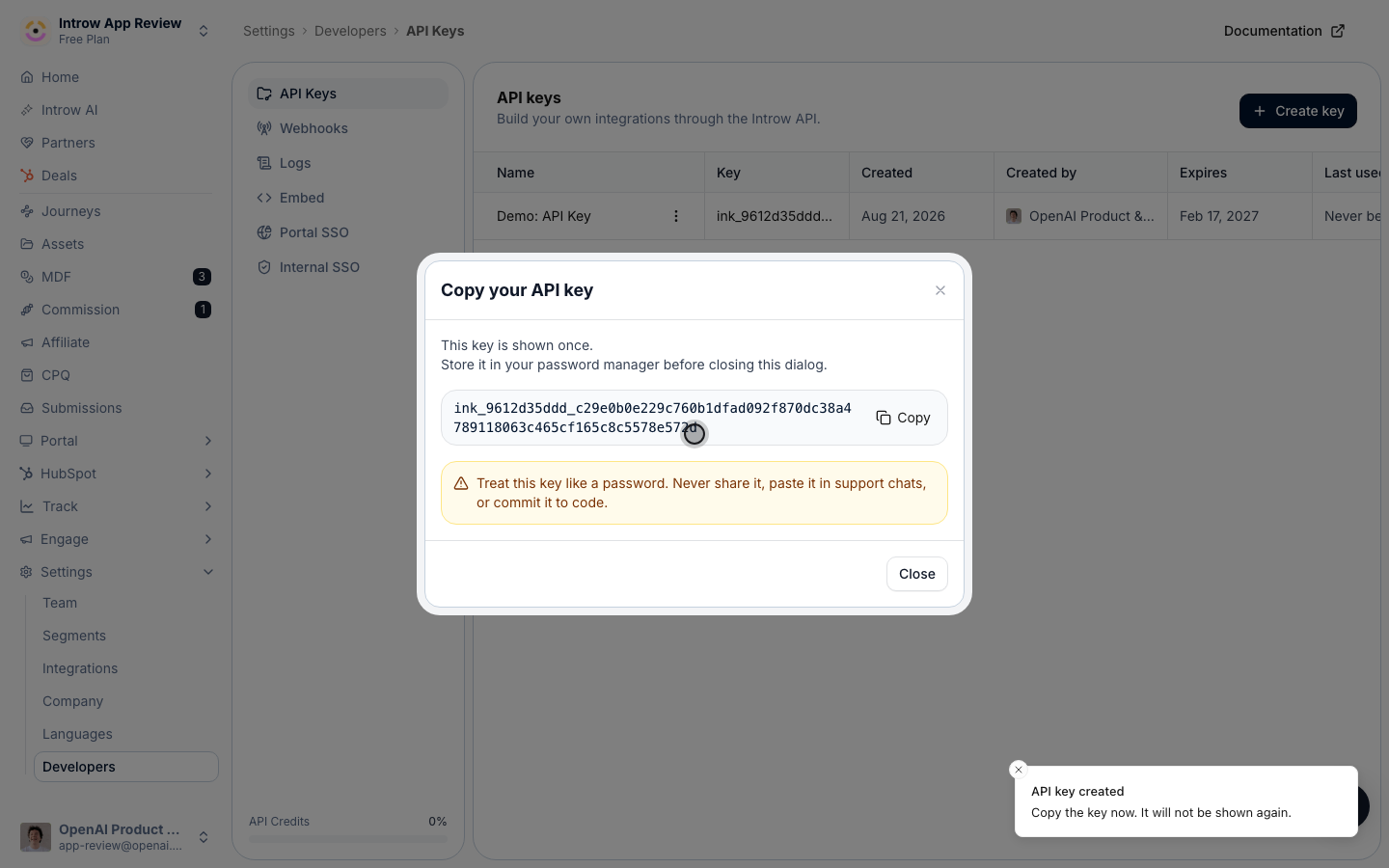 Copy the full key now: it's shown once and can't be recovered. The key is created and active.
