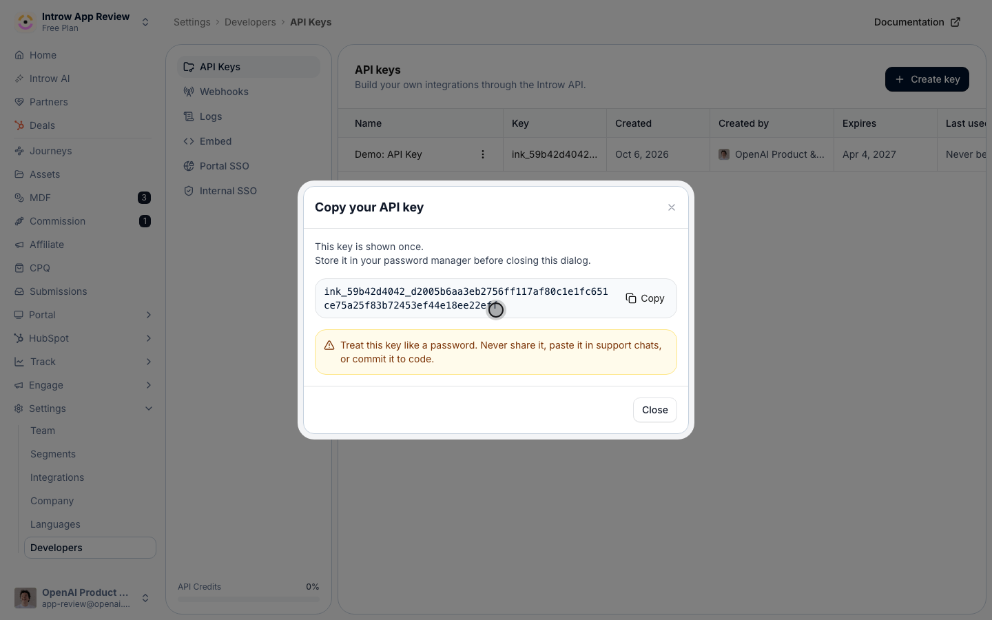 Copy the full key now: it's shown once and can't be recovered. The key is created and active.