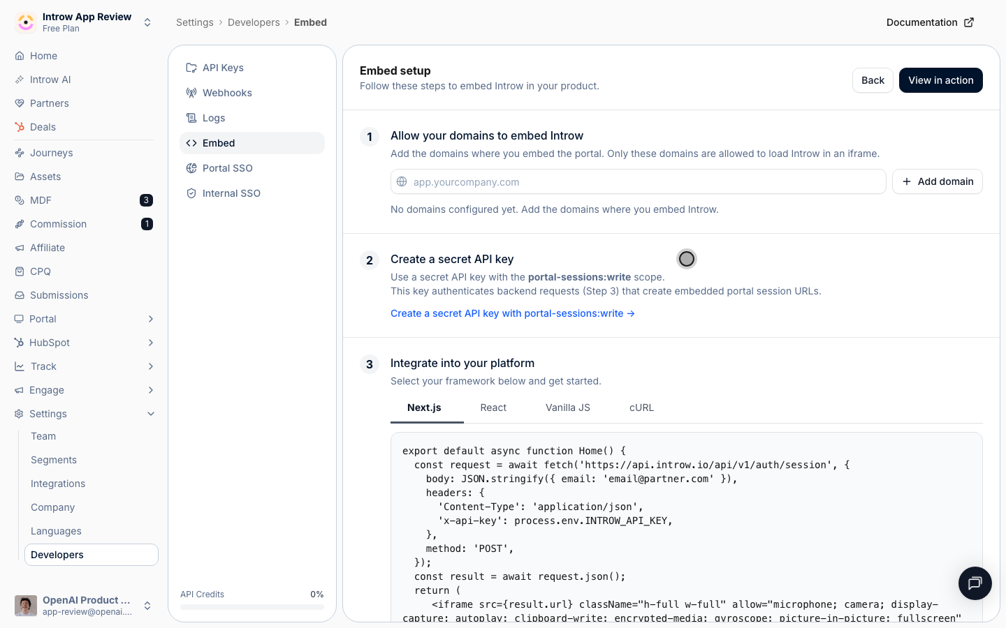 Create a key with the Portal sessions permission, then add the integration code (POST /auth/session, then render the iframe).