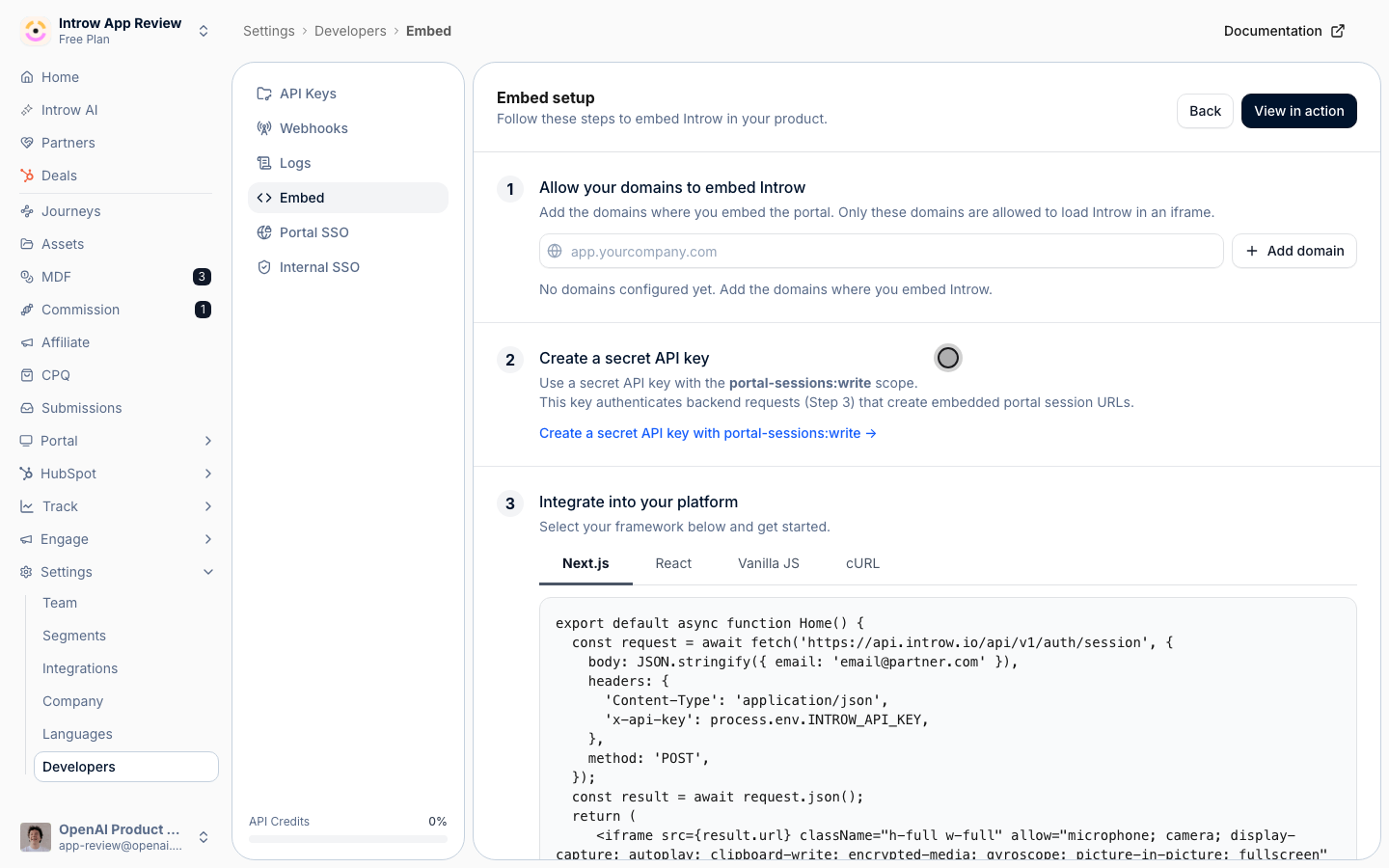 Create a key with the Portal sessions permission, then add the integration code (POST /auth/session, then render the iframe).