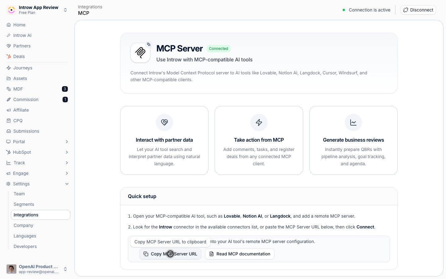 Select Copy MCP Server URL, then add it as a remote server in your client and complete the OAuth sign-in.