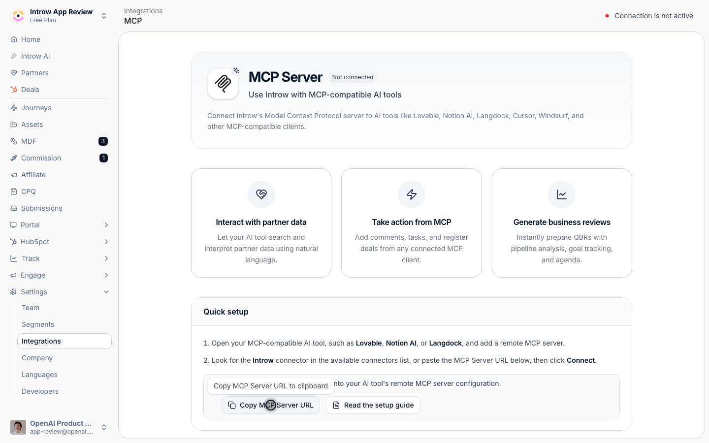Select Copy MCP Server URL, then add it as a remote server in your client and complete the OAuth sign-in.