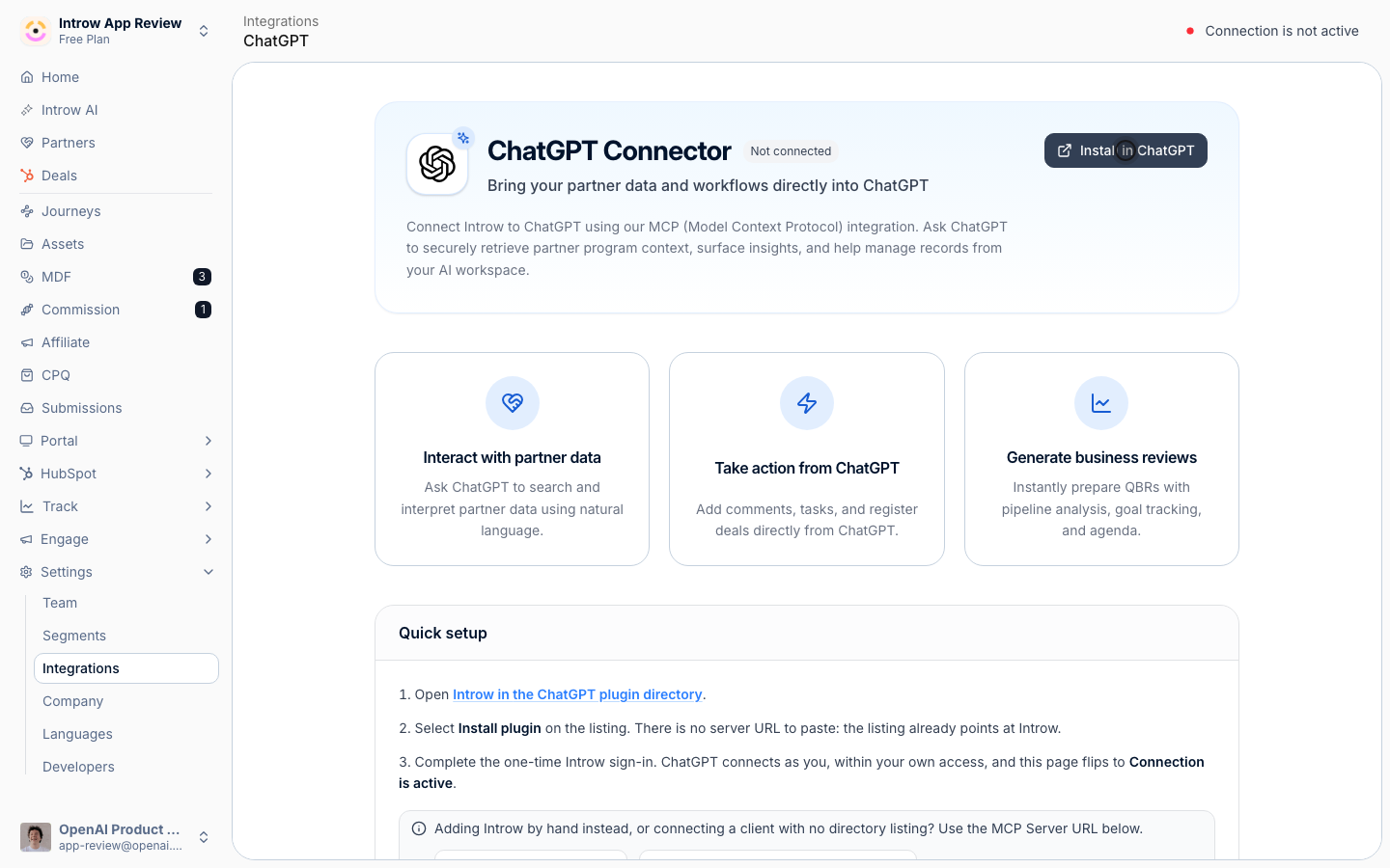 Select Install in ChatGPT to open Introw's listing in the ChatGPT plugin directory, then select Install plugin there and complete the OAuth sign-in.