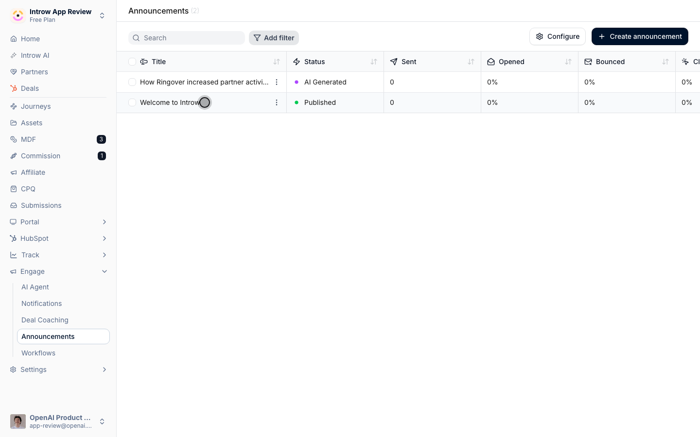 Open a published announcement to see how partners engaged.